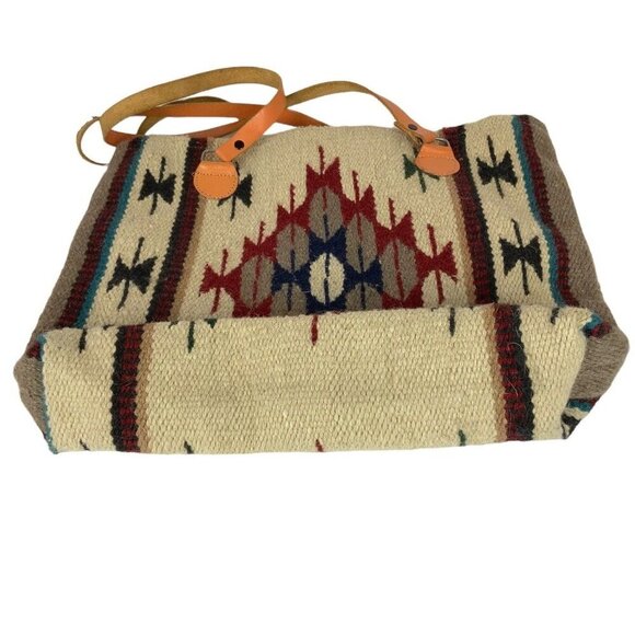 El Paso Saddle Blanket Southwestern Aztec Wool Tote Bag 18x14 Beige Red - Picture 4 of 7